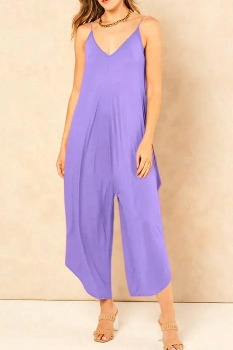 KATCH ME Stretchy Plain Thin Strap Low Neckline Wide Leg Jumpsuit - Image 3