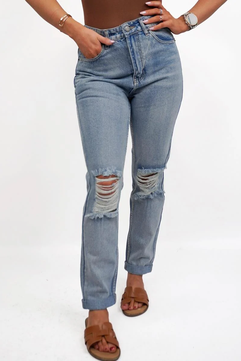 KATCH ME Structured Denim Low‑Rise Ripped Straight Leg Jeans