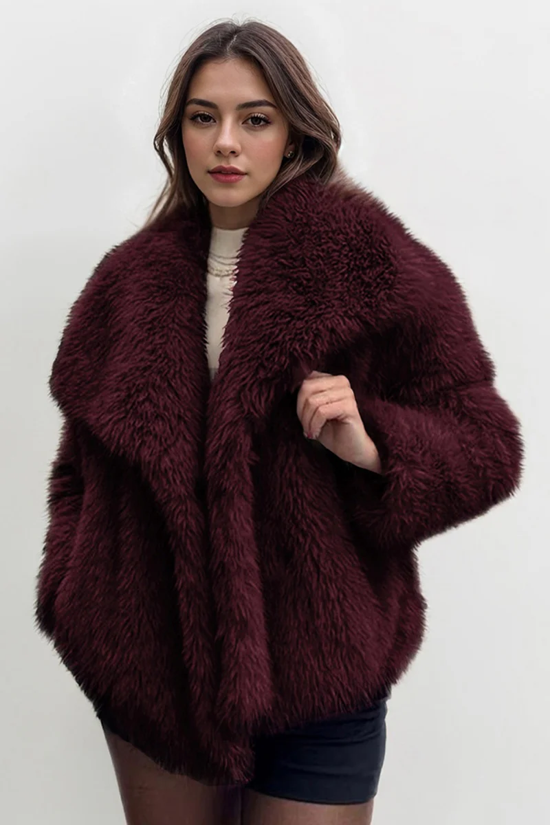 KATCH ME Thermal Fuzzy Solid Color Wide Lapel Snap Closure Oversize Outerwear