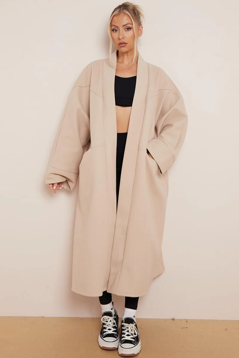 KATCH ME Thermal Soft Solid Color Exposed Stitches Pocket Open Front Oversize Coat