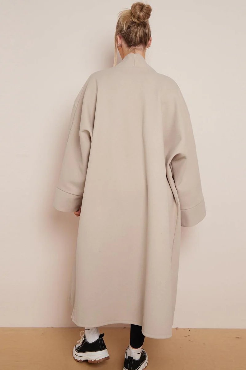 KATCH ME Thermal Soft Solid Color Exposed Stitches Pocket Open Front Oversize Coat - Image 2