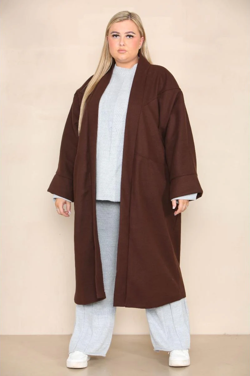 KATCH ME Thermal Soft Solid Color Exposed Stitches Pocket Open Front Oversize Coat - Image 3