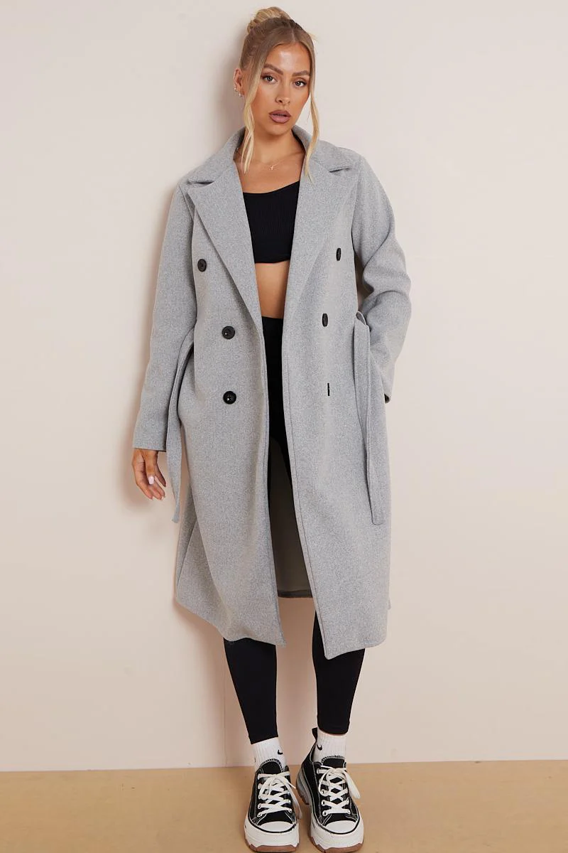 KATCH ME Thermal Solid Color Notch Lapel Double Breasted Waist Tie Pocket Coat