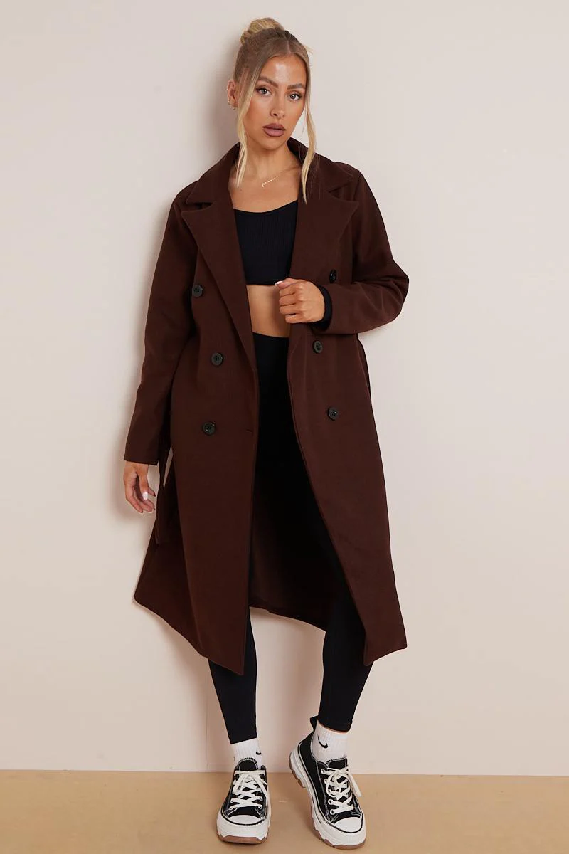 KATCH ME Thermal Solid Color Notch Lapel Double Breasted Waist Tie Pocket Coat - Image 2