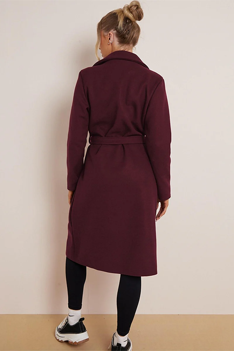 KATCH ME Thermal Solid Color Notch Lapel Double Breasted Waist Tie Pocket Coat - Image 3