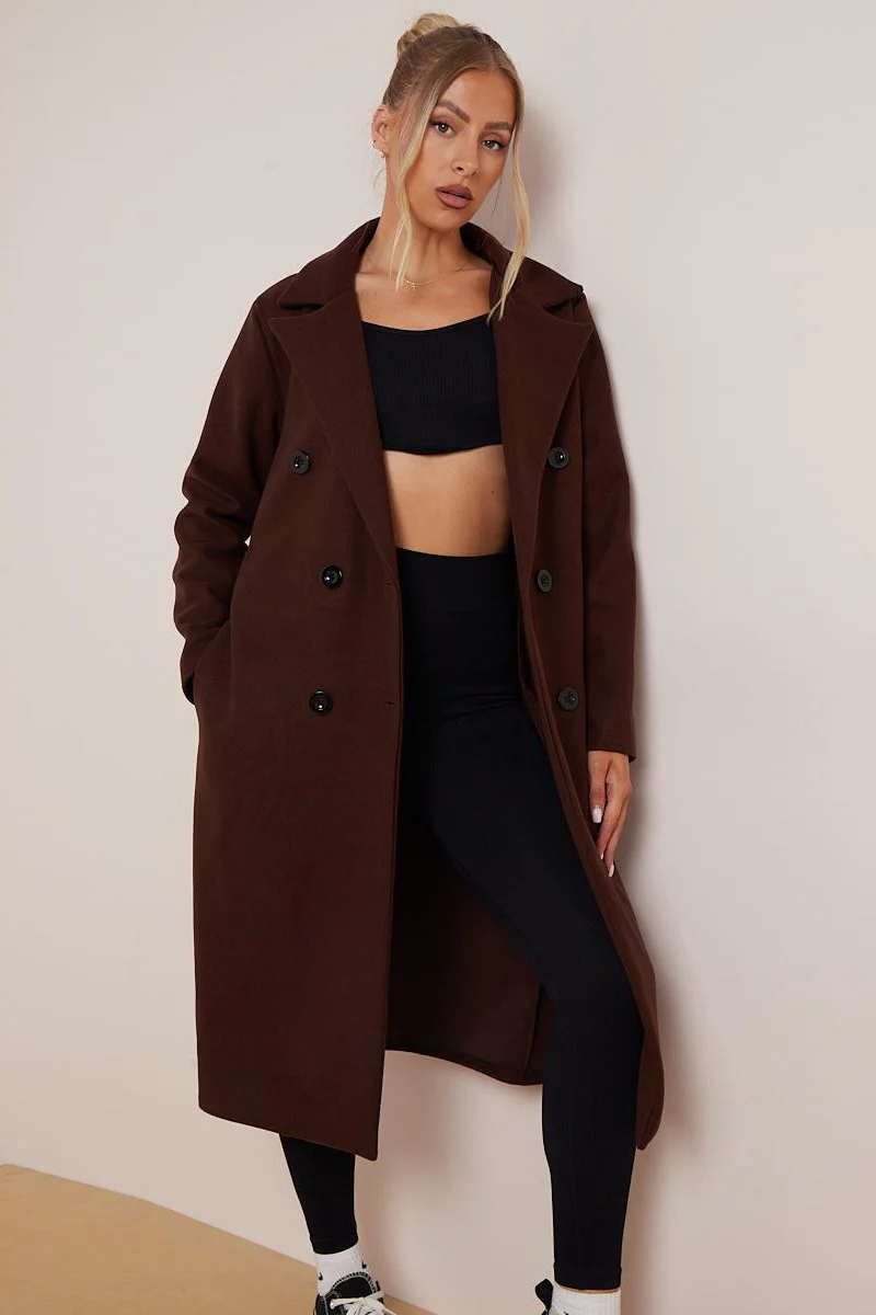 KATCH ME Thermal Solid Color Notch Lapel Double Breasted Waist Tie Pocket Coat - Image 5