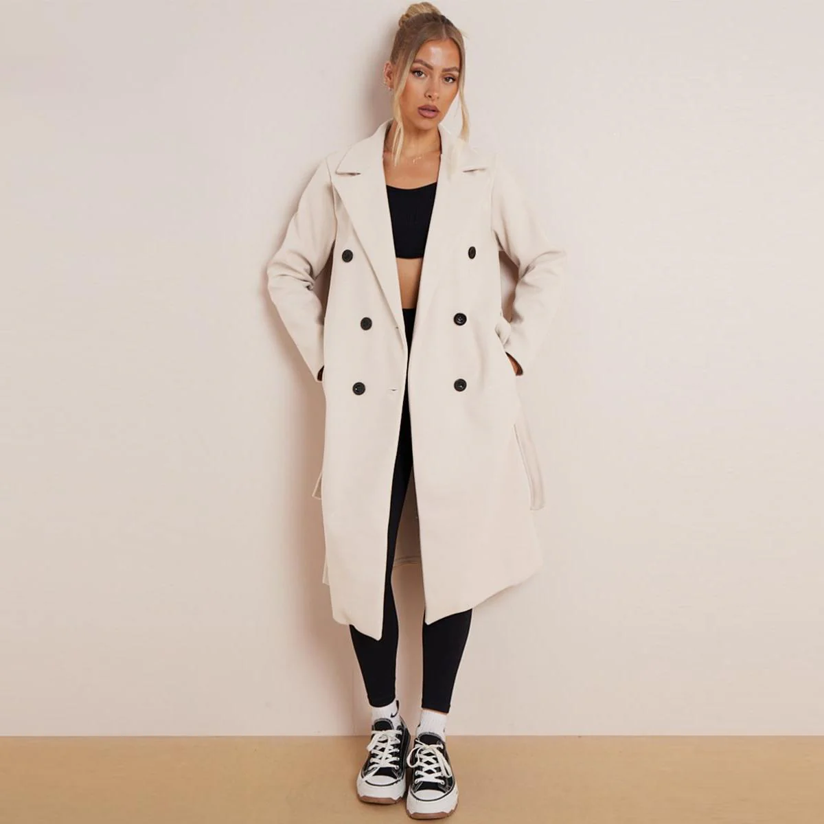 KATCH ME Thermal Solid Color Notch Lapel Double Breasted Waist Tie Pocket Coat - Image 6