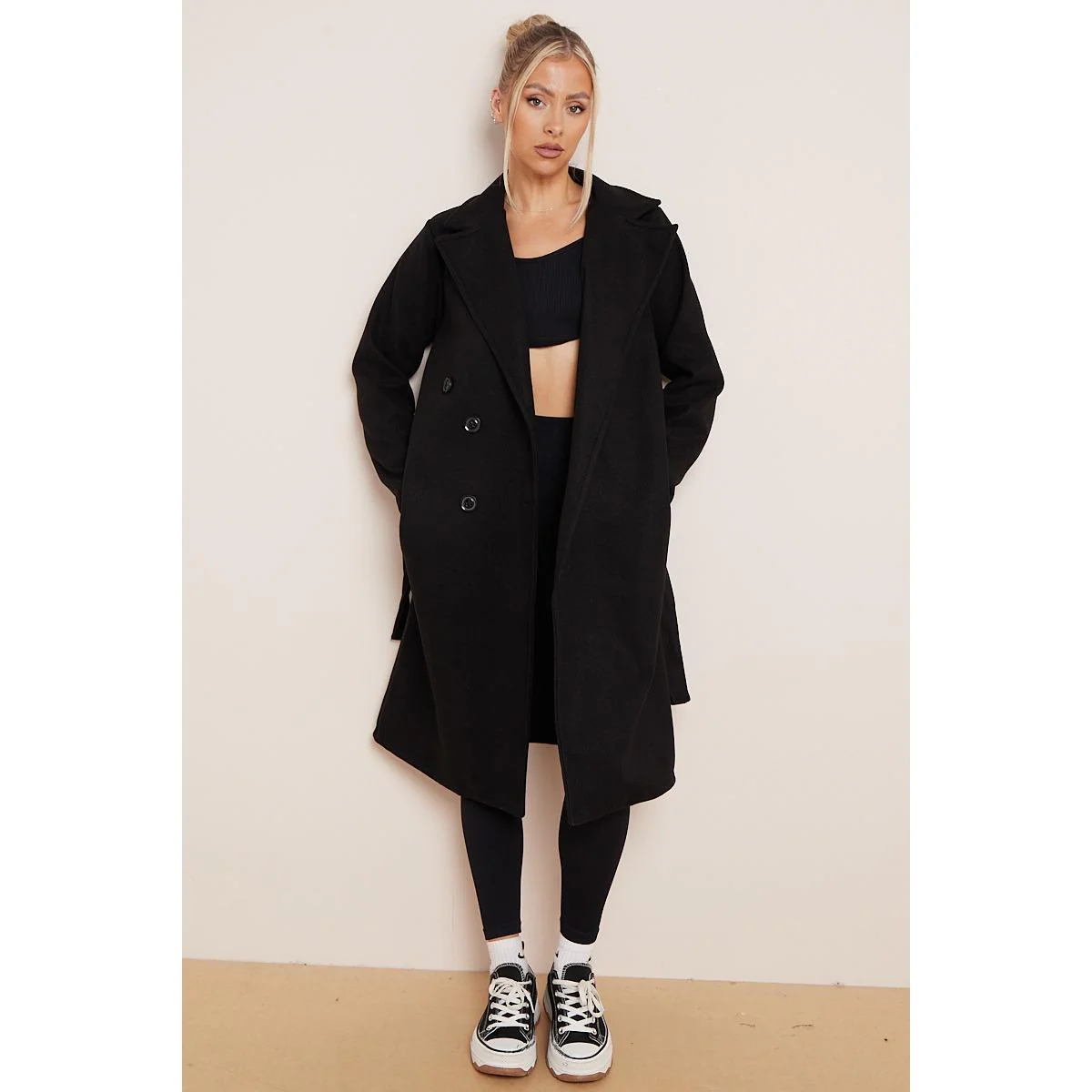 KATCH ME Thermal Solid Color Notch Lapel Double Breasted Waist Tie Pocket Coat - Image 7