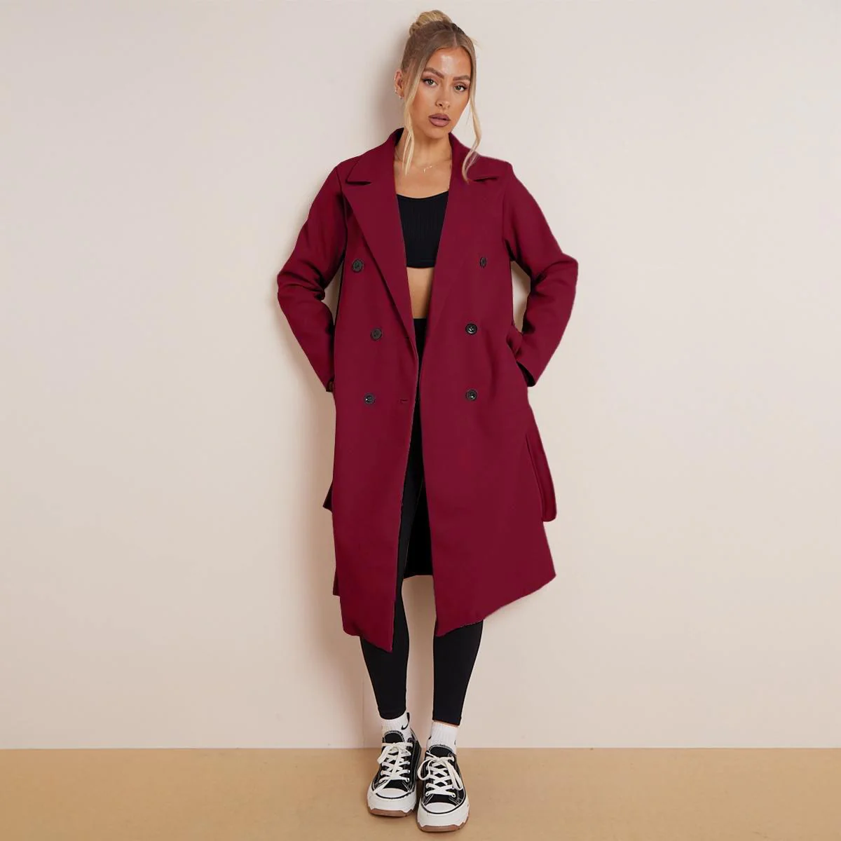 KATCH ME Thermal Solid Color Notch Lapel Double Breasted Waist Tie Pocket Coat - Image 9