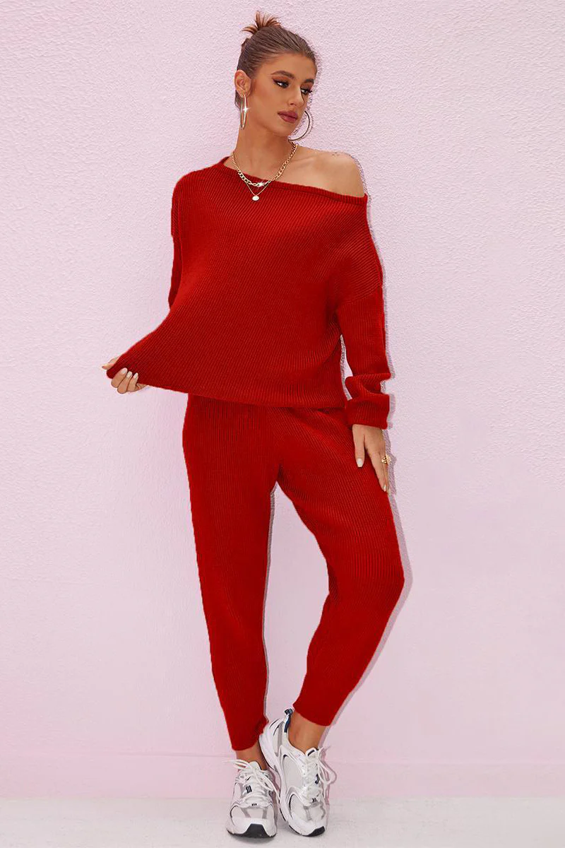 KATCH ME Sloping Shoulder Loose Sweater & Drawstring Skinny Trousers Co-ord Set - Image 3