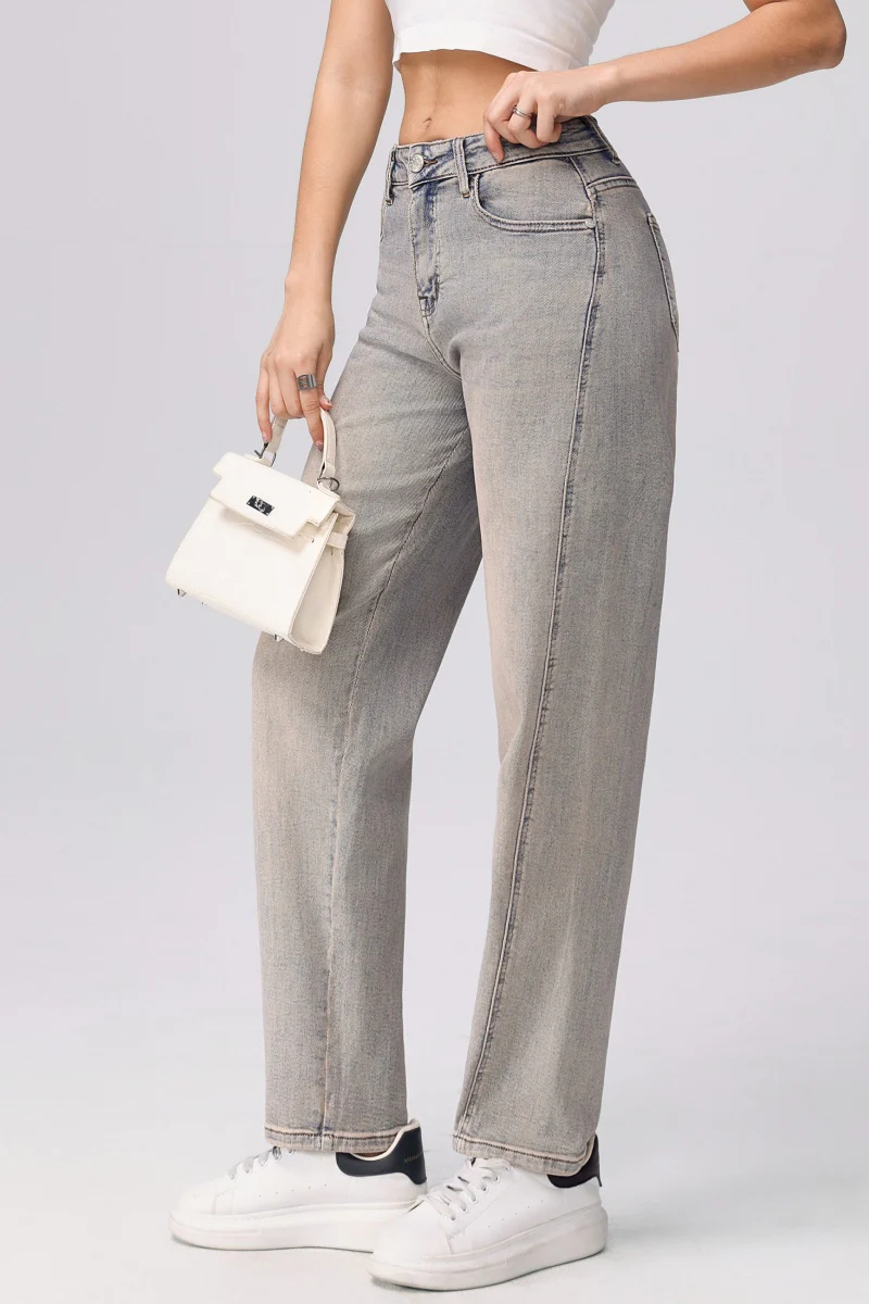 KATCH ME Washed Denim Mid-Rise Multi-Pocket Straight Leg Loose Jeans
