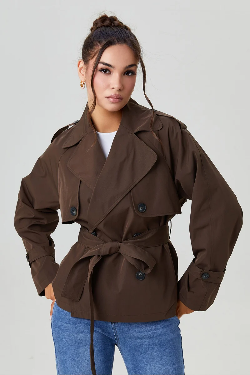 KATCH ME Notch Lapel Double Breasted Waist Tie Trench Coat