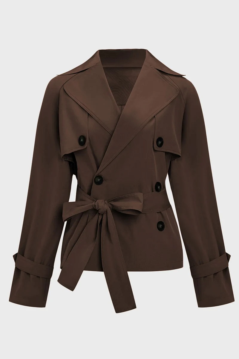 KATCH ME Notch Lapel Double Breasted Waist Tie Trench Coat - Image 10