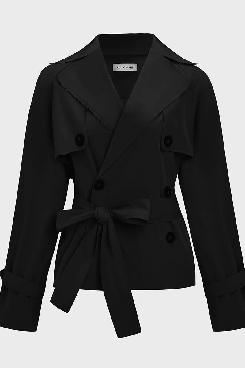 KATCH ME Notch Lapel Double Breasted Waist Tie Trench Coat - Image 11