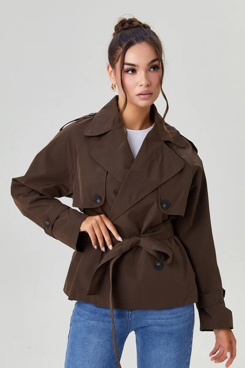 KATCH ME Notch Lapel Double Breasted Waist Tie Trench Coat - Image 2