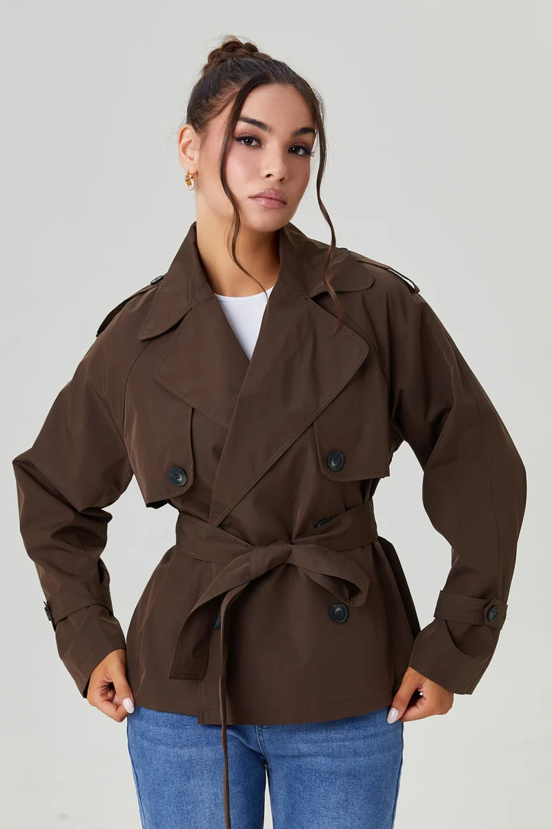 KATCH ME Notch Lapel Double Breasted Waist Tie Trench Coat - Image 3