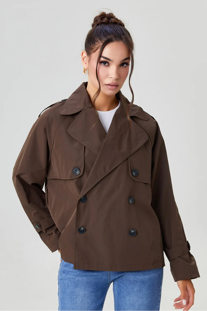 KATCH ME Notch Lapel Double Breasted Waist Tie Trench Coat - Image 4
