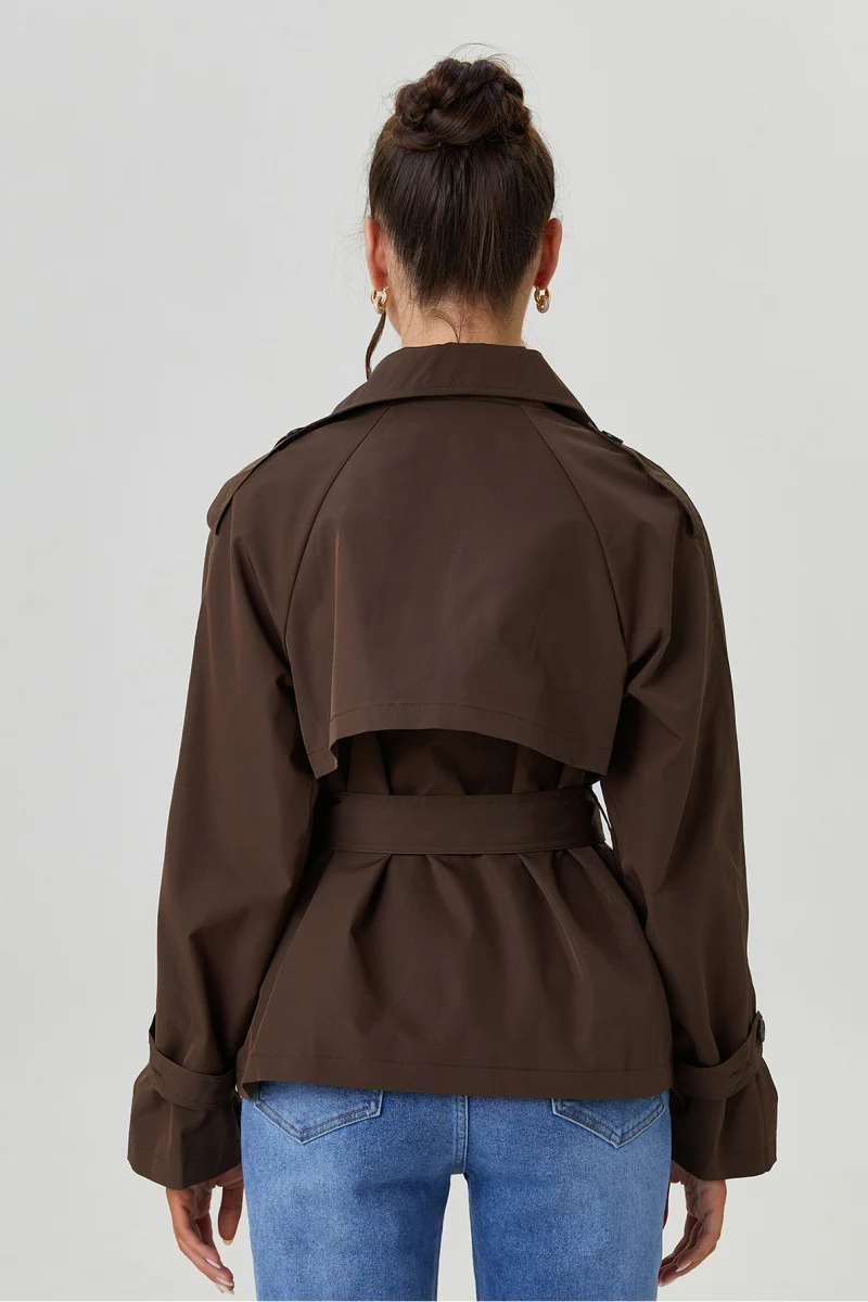 KATCH ME Notch Lapel Double Breasted Waist Tie Trench Coat - Image 5