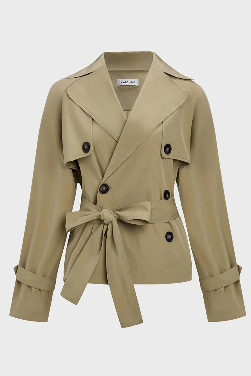 KATCH ME Notch Lapel Double Breasted Waist Tie Trench Coat - Image 6