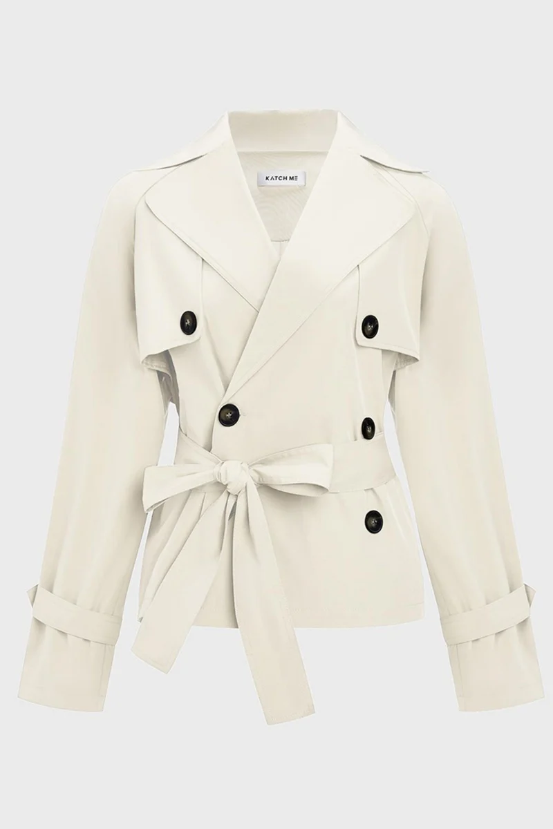 KATCH ME Notch Lapel Double Breasted Waist Tie Trench Coat - Image 7