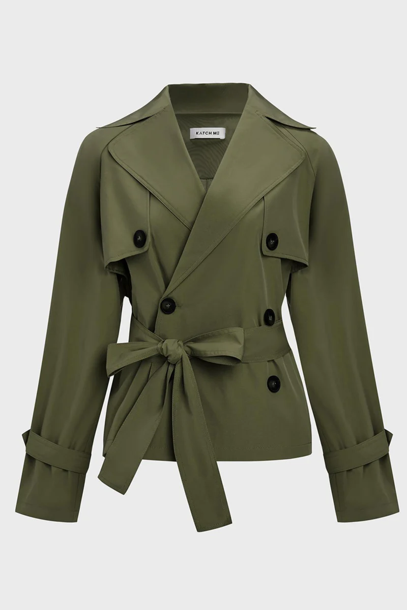 KATCH ME Notch Lapel Double Breasted Waist Tie Trench Coat - Image 9