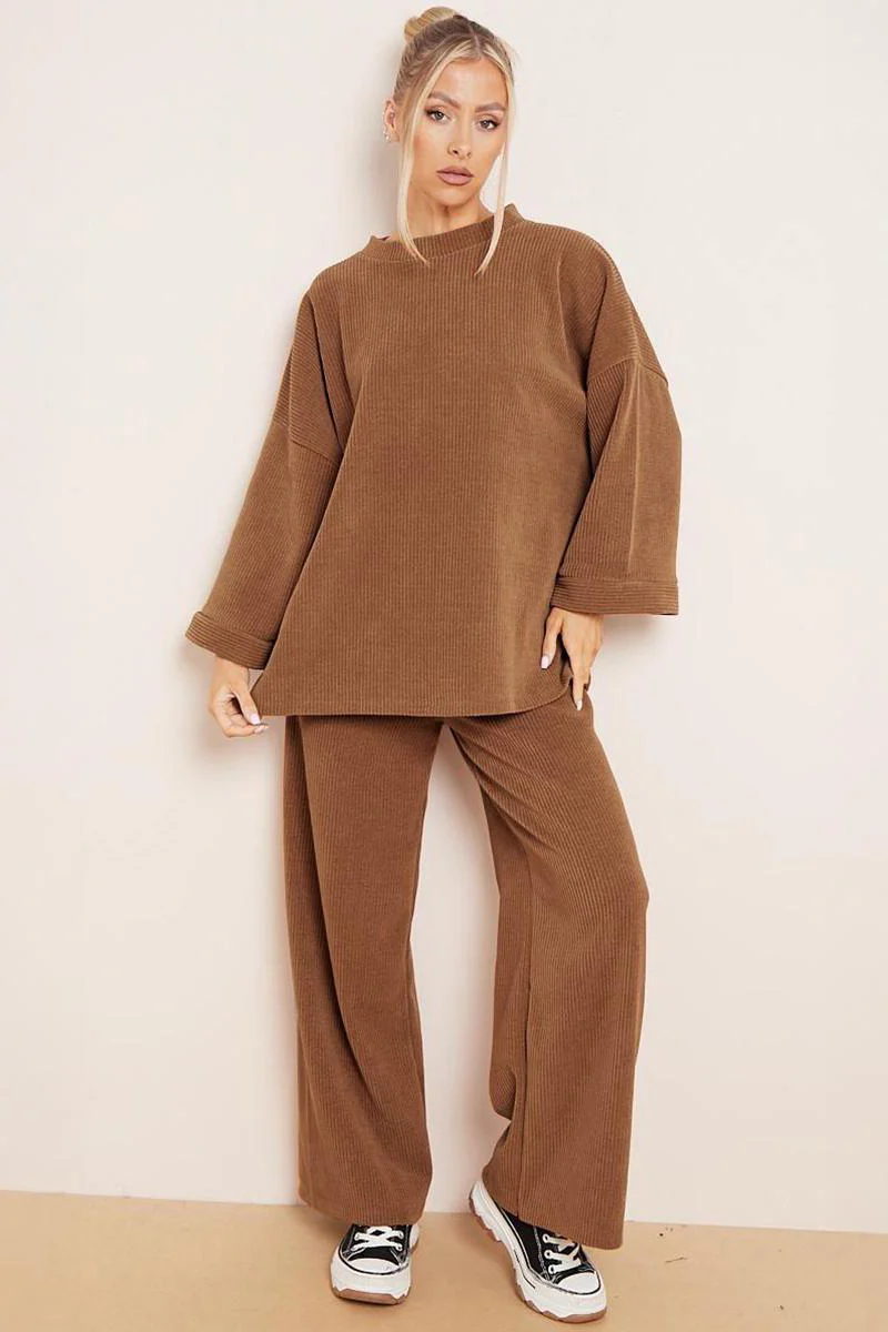 KATCH ME Solid Color Loose Top & Wide Leg Pants Co-ord Set