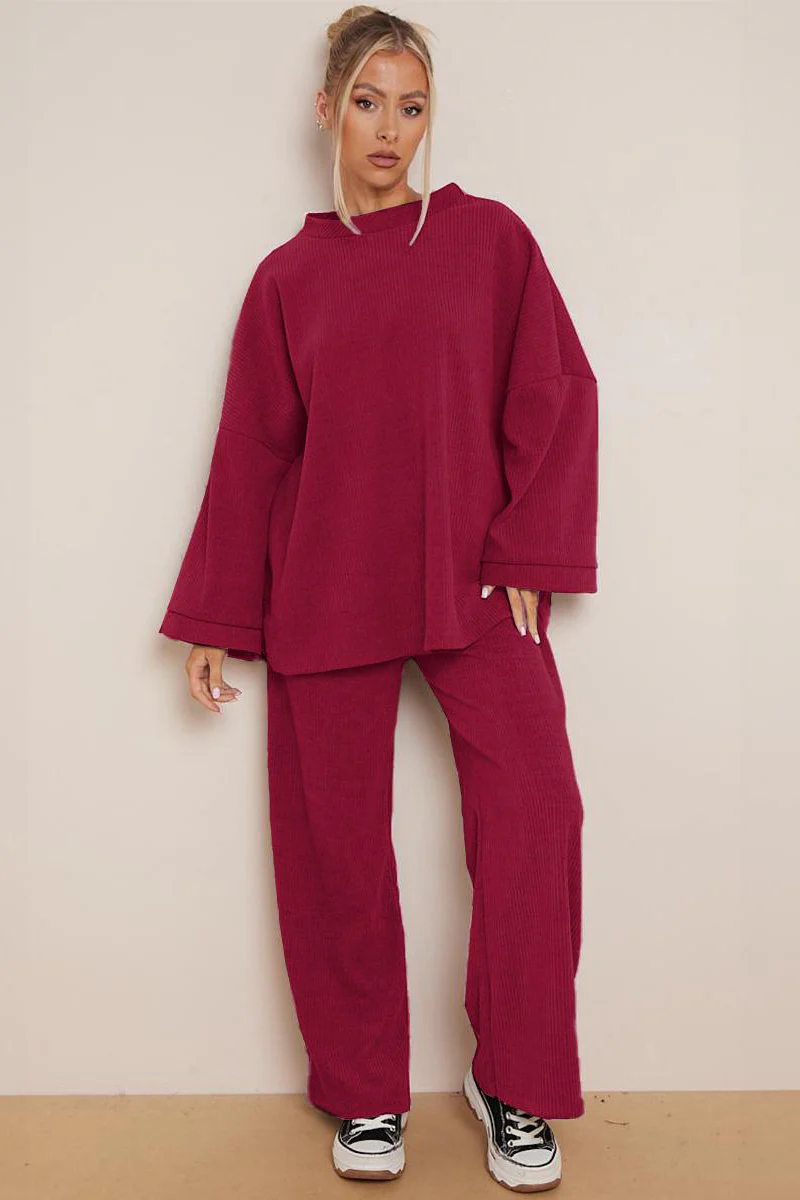 KATCH ME Solid Color Loose Top & Wide Leg Pants Co-ord Set - Image 2