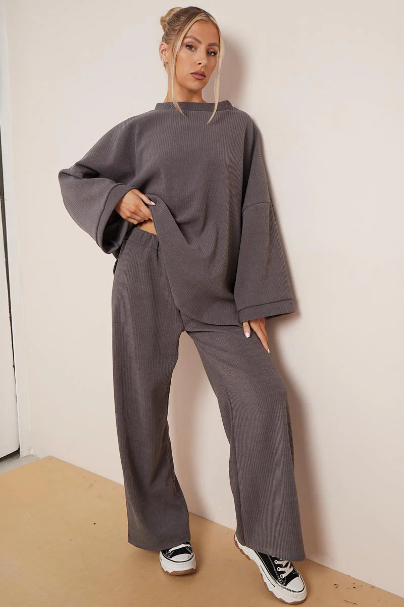 KATCH ME Solid Color Loose Top & Wide Leg Pants Co-ord Set - Image 3