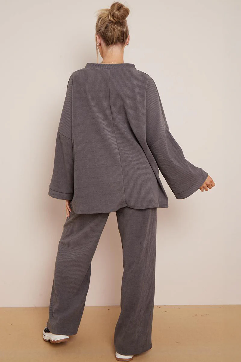 KATCH ME Solid Color Loose Top & Wide Leg Pants Co-ord Set - Image 6