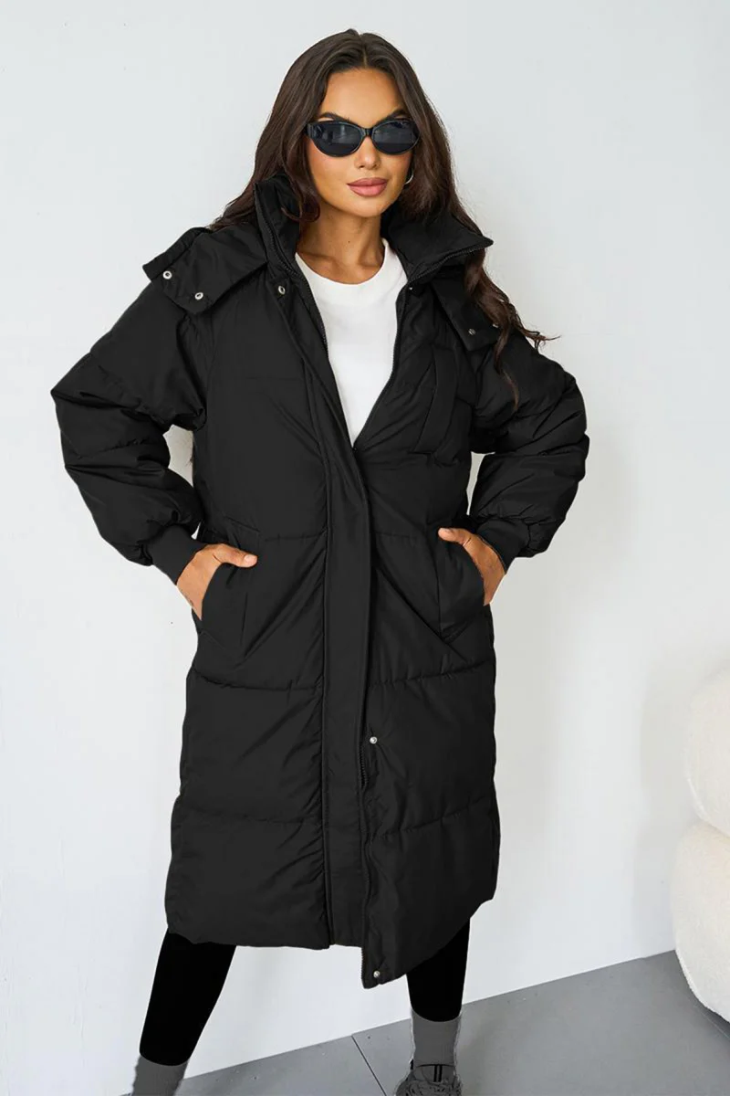 KATCH ME Solid Color Zip-Up Hooded Thermal Loose Winter Coat - Image 6