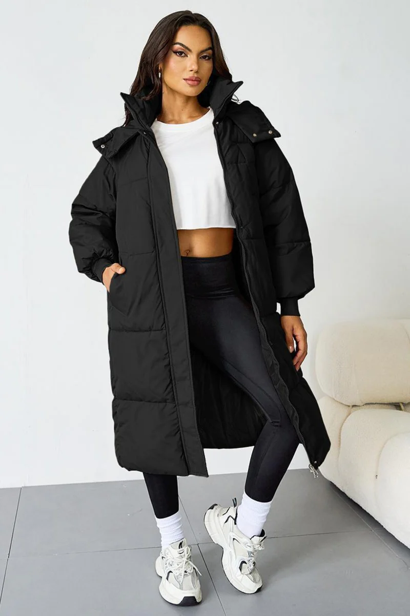 KATCH ME Solid Color Zip-Up Hooded Thermal Loose Winter Coat - Image 7