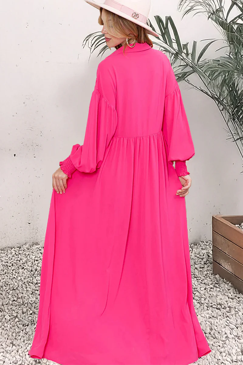 KATCH ME Plain Lapel Balloon Sleeve Button Up Pleated Maxi Dress - Image 10