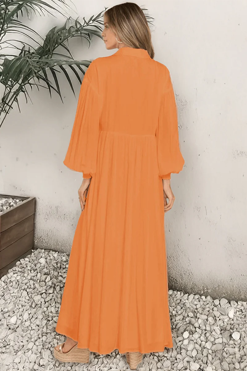 KATCH ME Plain Lapel Balloon Sleeve Button Up Pleated Maxi Dress - Image 5