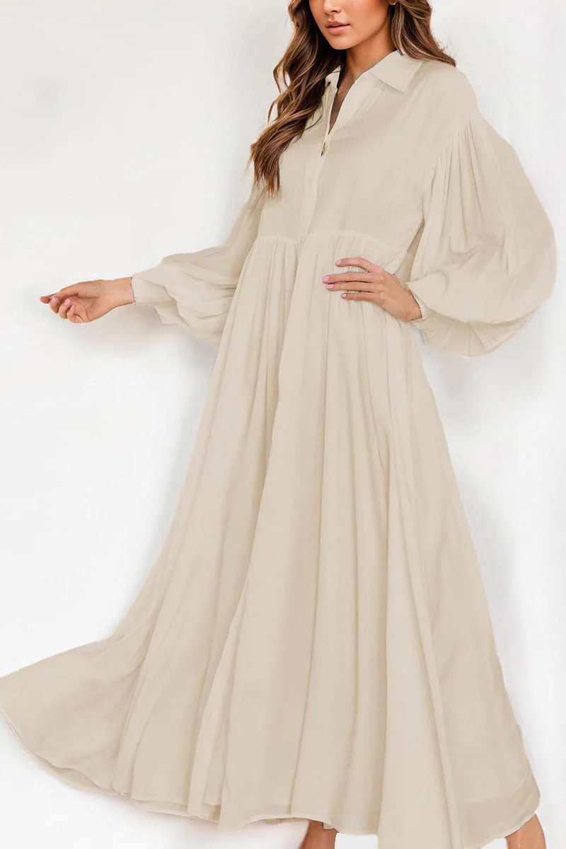 KATCH ME Plain Lapel Balloon Sleeve Button Up Pleated Maxi Dress - Image 7