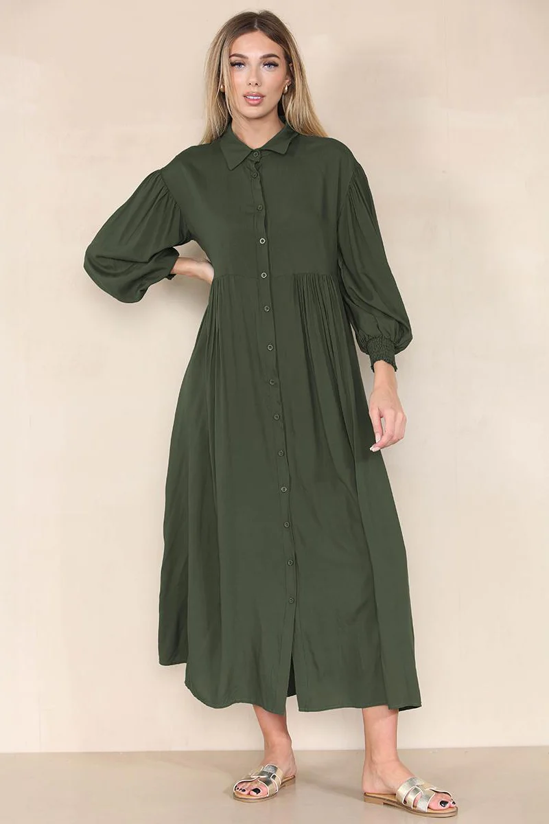 KATCH ME Plain Lapel Balloon Sleeve Button Up Pleated Maxi Dress - Image 8