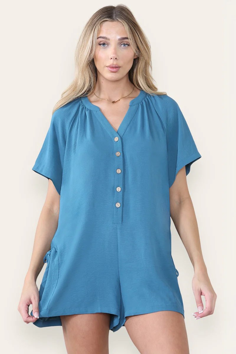 KATCH ME Plain V Neck Button-Up Drawstring Short Sleeve Side Pocket Playsuit