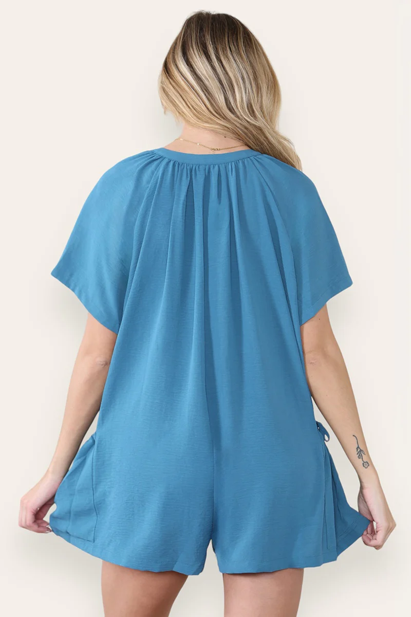 KATCH ME Plain V Neck Button-Up Drawstring Short Sleeve Side Pocket Playsuit - Image 2