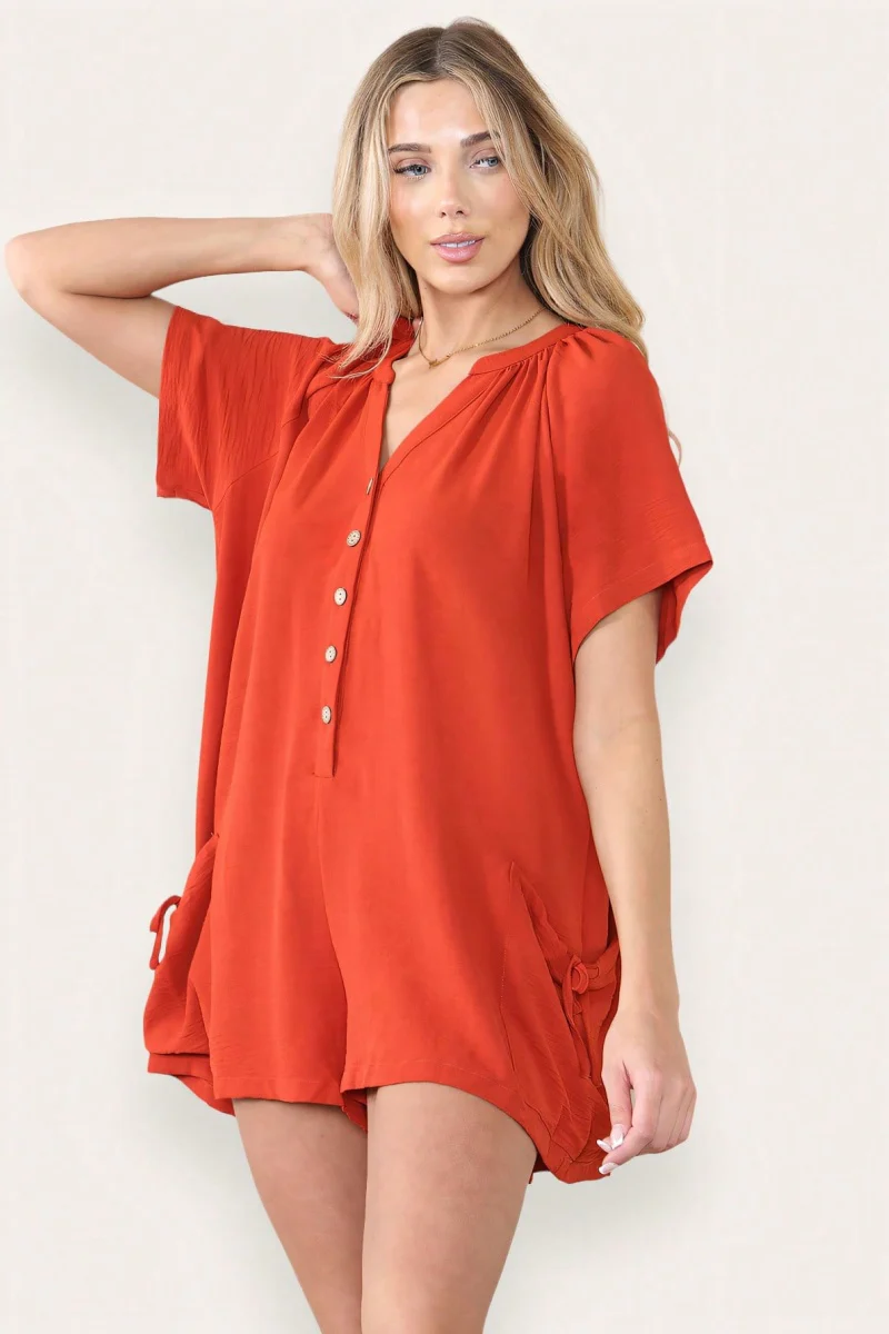 KATCH ME Plain V Neck Button-Up Drawstring Short Sleeve Side Pocket Playsuit - Image 3