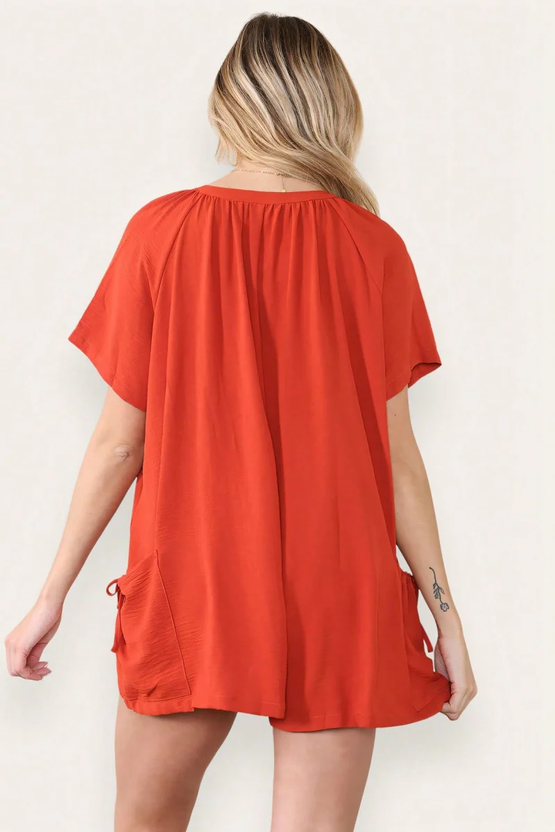 KATCH ME Plain V Neck Button-Up Drawstring Short Sleeve Side Pocket Playsuit - Image 4