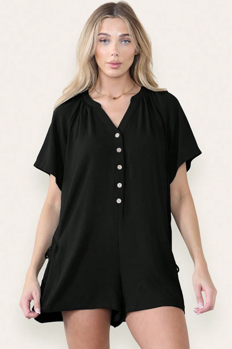 KATCH ME Plain V Neck Button-Up Drawstring Short Sleeve Side Pocket Playsuit - Image 5