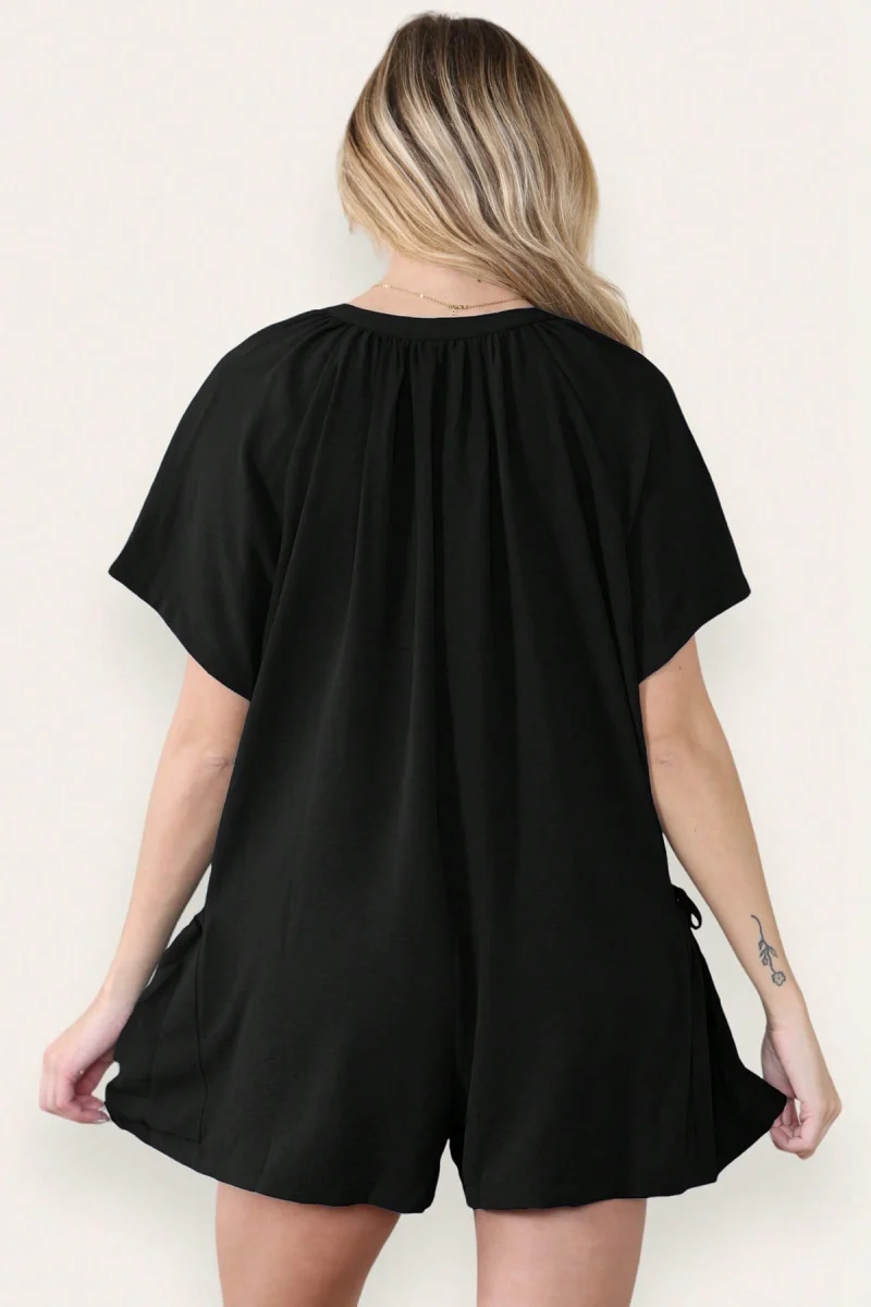 KATCH ME Plain V Neck Button-Up Drawstring Short Sleeve Side Pocket Playsuit - Image 6