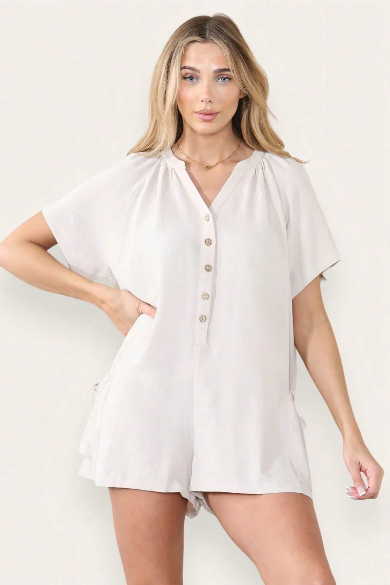 KATCH ME Plain V Neck Button-Up Drawstring Short Sleeve Side Pocket Playsuit - Image 7