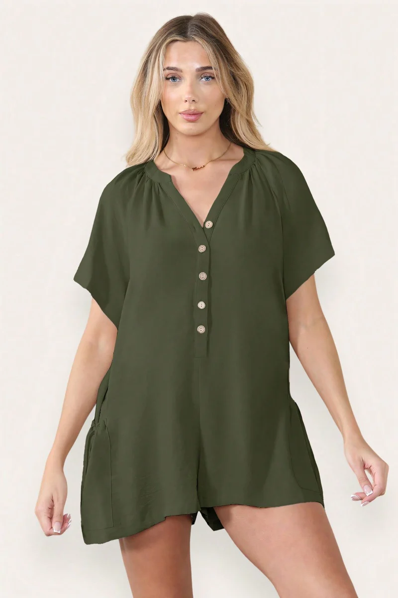 KATCH ME Plain V Neck Button-Up Drawstring Short Sleeve Side Pocket Playsuit - Image 9