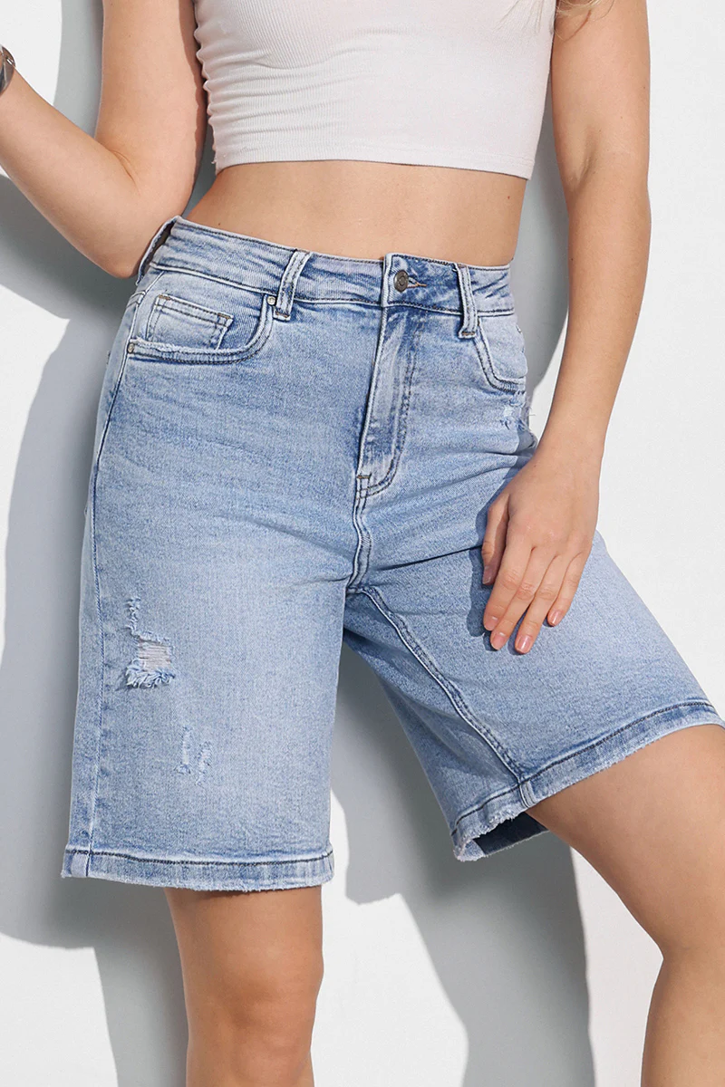 KATCH ME High Waist Distressed Multi-Pocket Stretch Denim Bermuda Shorts