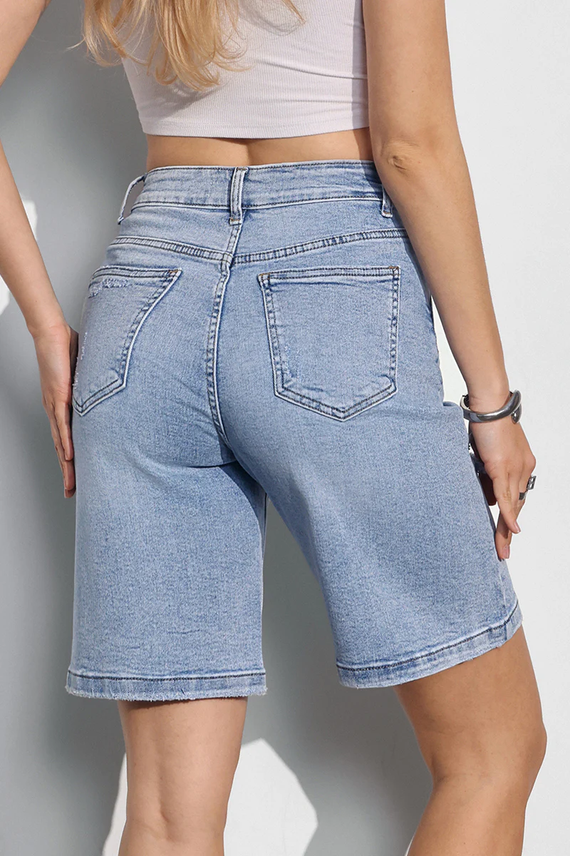 KATCH ME High Waist Distressed Multi-Pocket Stretch Denim Bermuda Shorts - Image 3