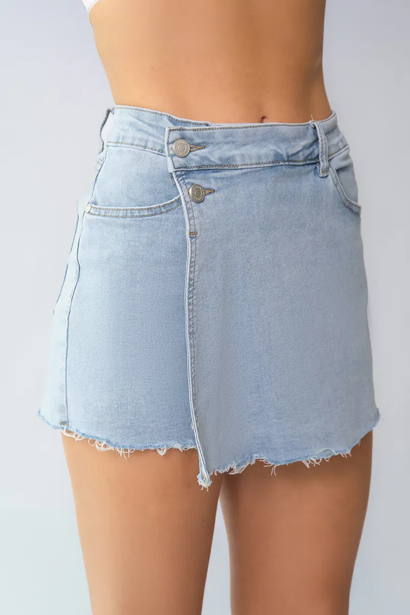 KATCH ME Layered High Waist Raw Hem Denim Skorts With Tassel Detail - Image 12
