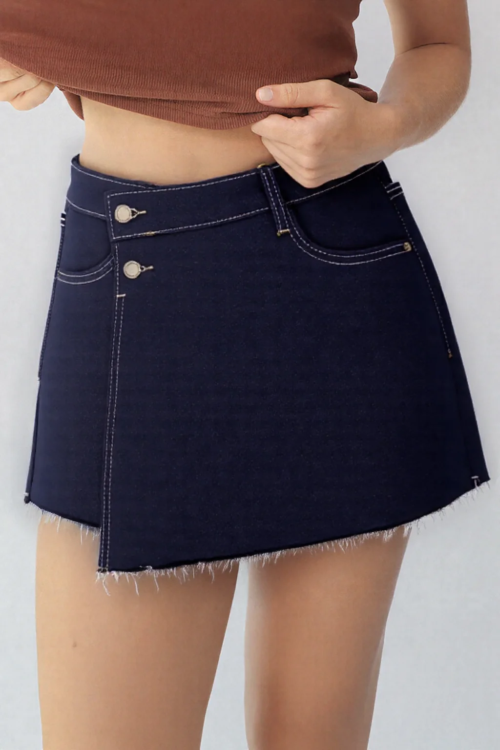 KATCH ME Layered High Waist Raw Hem Denim Skorts With Tassel Detail - Image 15