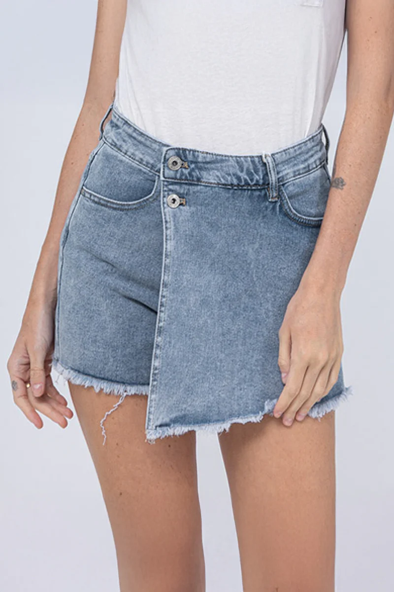 KATCH ME Layered High Waist Raw Hem Denim Skorts With Tassel Detail - Image 16