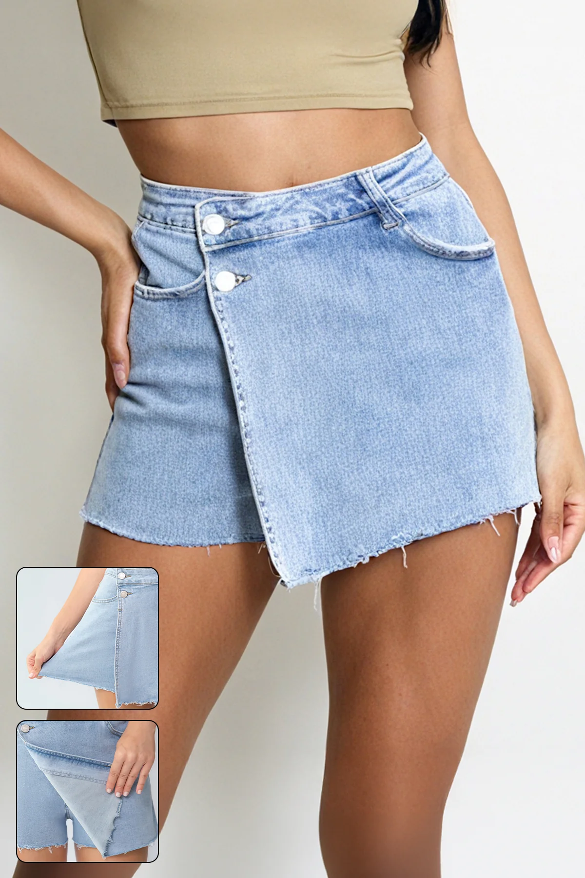 KATCH ME Layered High Waist Raw Hem Denim Skorts With Tassel Detail - Image 2