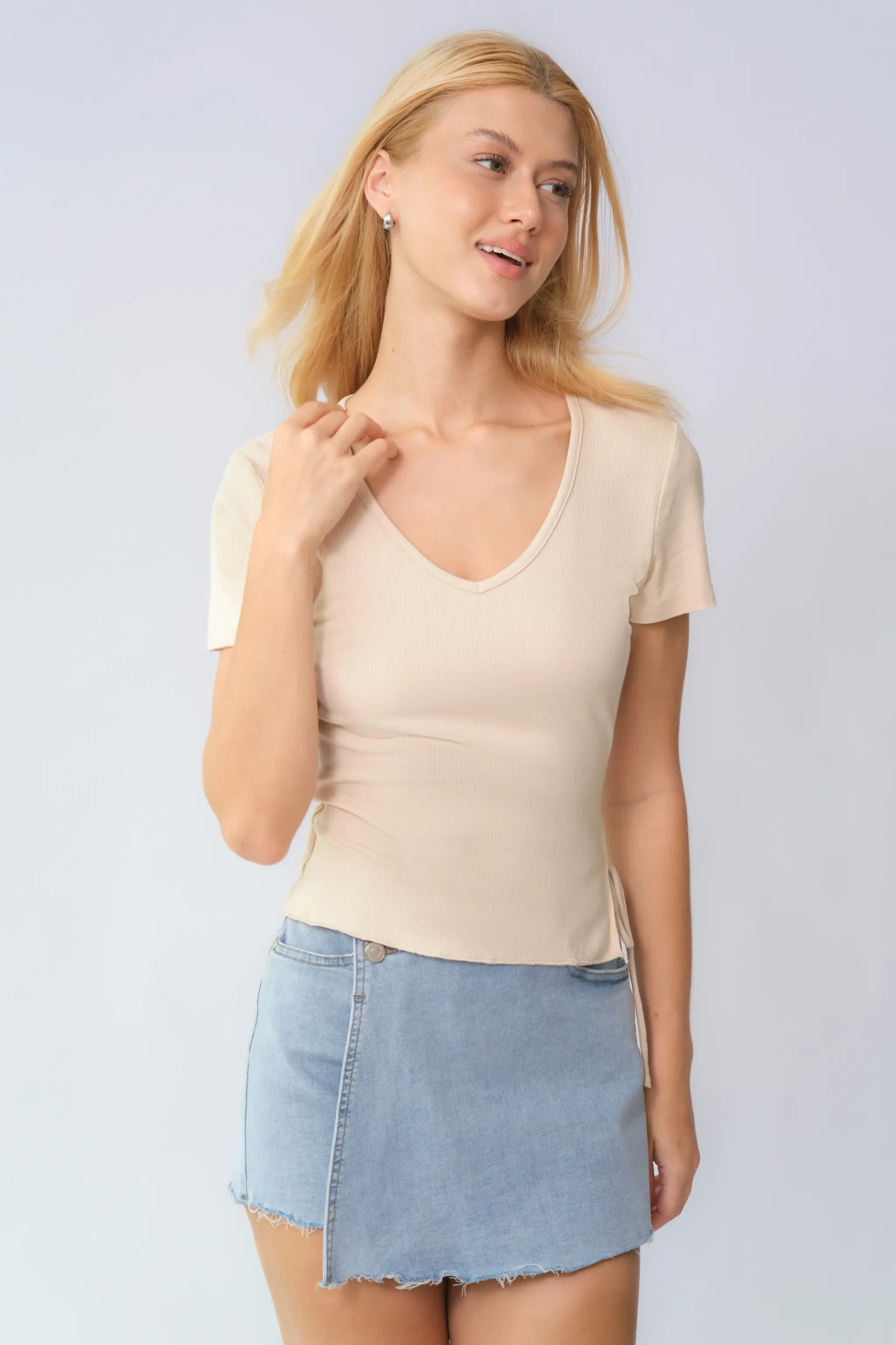 KATCH ME Layered High Waist Raw Hem Denim Skorts With Tassel Detail - Image 3